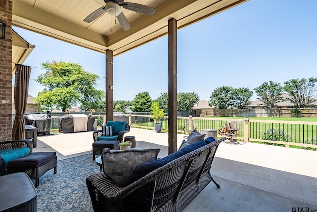 301 Zambezi Ln, Bullard, TX 75757 - fenced backyard with ceiling fan, outdoor lounge area, and a patio
