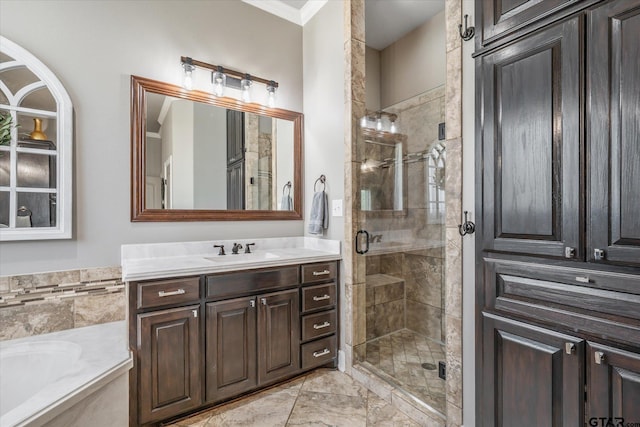 301 Zambezi Ln, Bullard, TX 75757 - bathroom with a shower stall, vanity, a garden tub, ornamental molding, and marble finish flooring