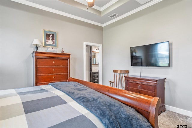 301 Zambezi Ln, Bullard, TX 75757 - carpeted bedroom featuring crown molding, ensuite bathroom, and a tray ceiling