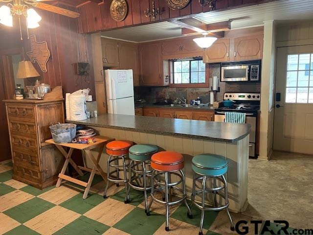 kitchen featuring ceiling fan, kitchen peninsula, stainless steel appliances, and a wealth of natural light