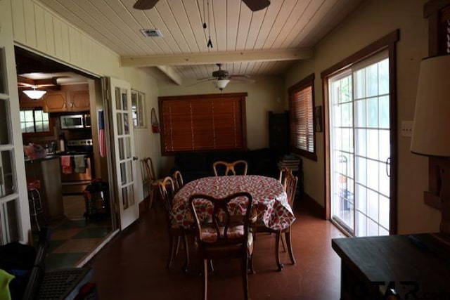 dining room featuring ceiling fan, beam ceiling, and wood ceiling