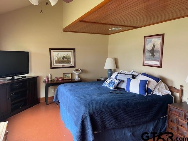 bedroom featuring light colored carpet, ceiling fan, and lofted ceiling