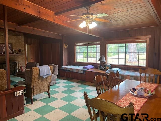 bedroom with ceiling fan, wood walls, and wood ceiling