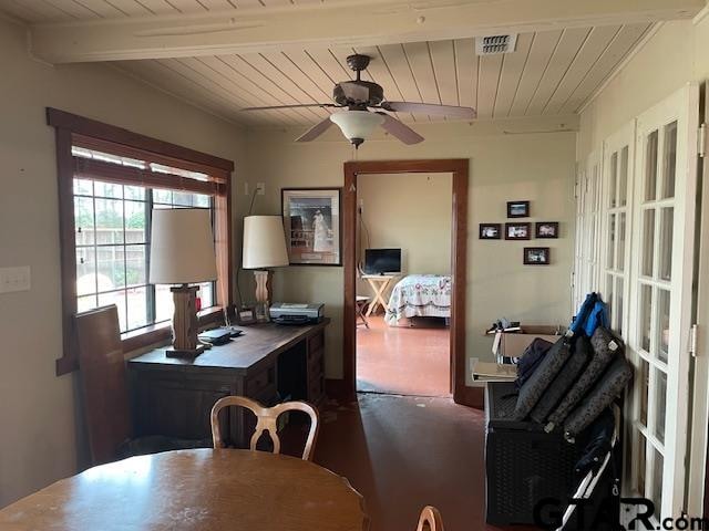 dining area with beam ceiling, ceiling fan, and wooden ceiling