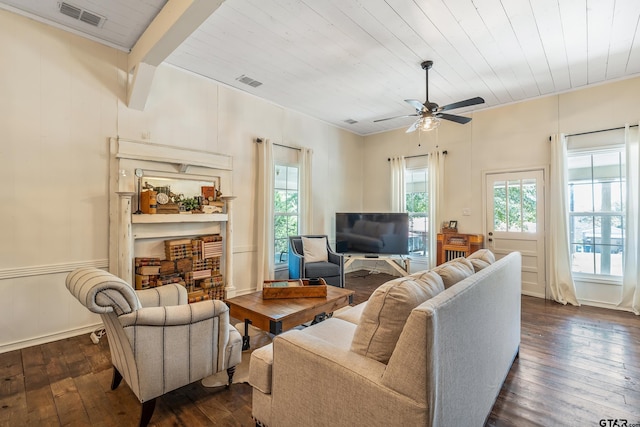 living room featuring dark hardwood / wood-style flooring, beam ceiling, ceiling fan, and wood ceiling