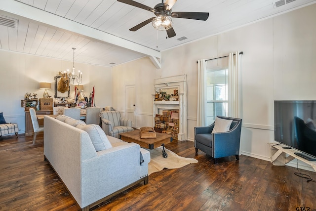 living room featuring dark hardwood / wood-style floors, beam ceiling, wood ceiling, and ceiling fan with notable chandelier