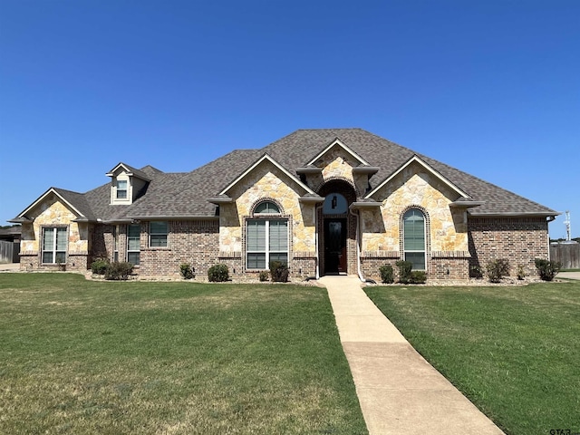 view of front of house with a shingled roof, brick siding, and a front yard