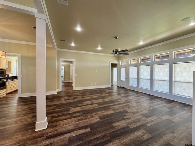 unfurnished living room featuring baseboards, ornamental molding, a ceiling fan, and recessed lighting