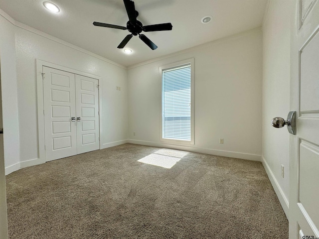 unfurnished bedroom with carpet flooring, recessed lighting, and ornamental molding