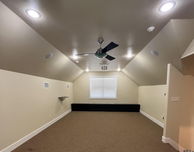 bonus room with baseboards, a ceiling fan, carpet flooring, and visible vents