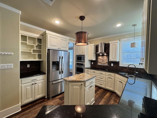 kitchen featuring crown molding, open shelves, a sink, wall chimney exhaust hood, and stainless steel appliances