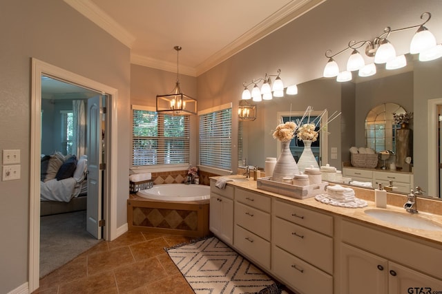 bathroom with vanity, tiled bath, tile patterned flooring, and ornamental molding