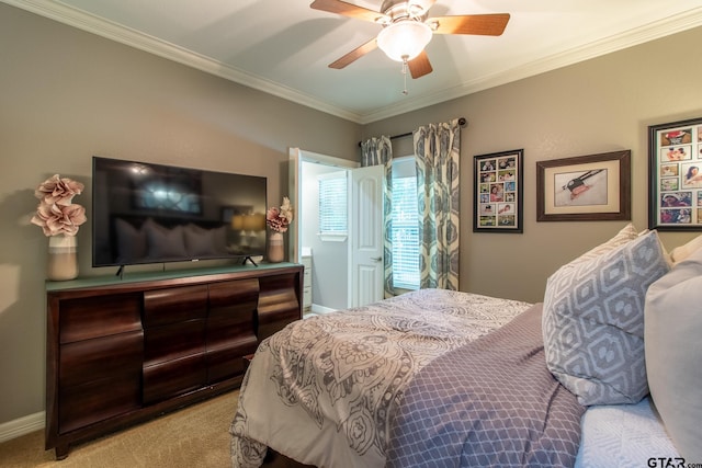 bedroom featuring light colored carpet, ceiling fan, and crown molding