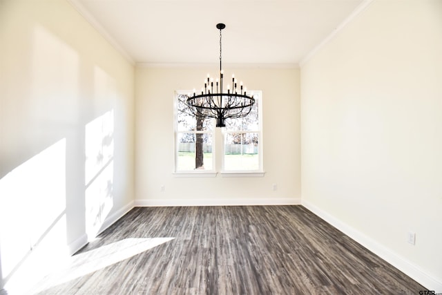 unfurnished dining area with crown molding, dark hardwood / wood-style flooring, and a notable chandelier