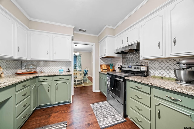 kitchen with dark hardwood / wood-style flooring, tasteful backsplash, stainless steel electric range, and white cabinets