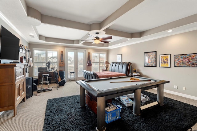 rec room featuring ceiling fan, pool table, light carpet, and french doors