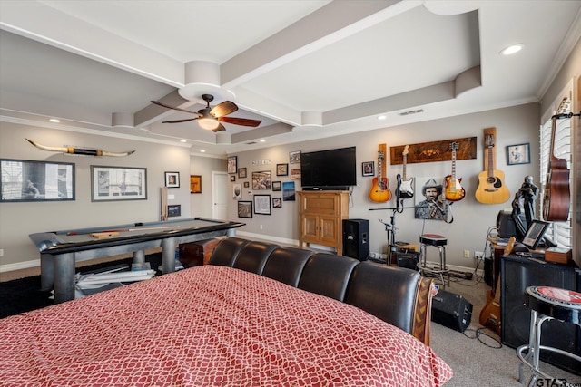 carpeted dining room featuring coffered ceiling, pool table, ceiling fan, and beam ceiling