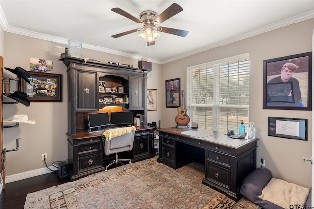 office space featuring ceiling fan, ornamental molding, and hardwood / wood-style flooring