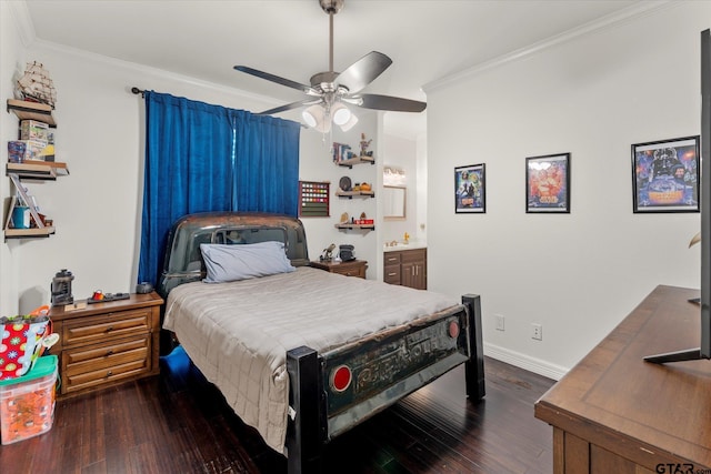 bedroom with ceiling fan, crown molding, connected bathroom, and dark hardwood / wood-style flooring