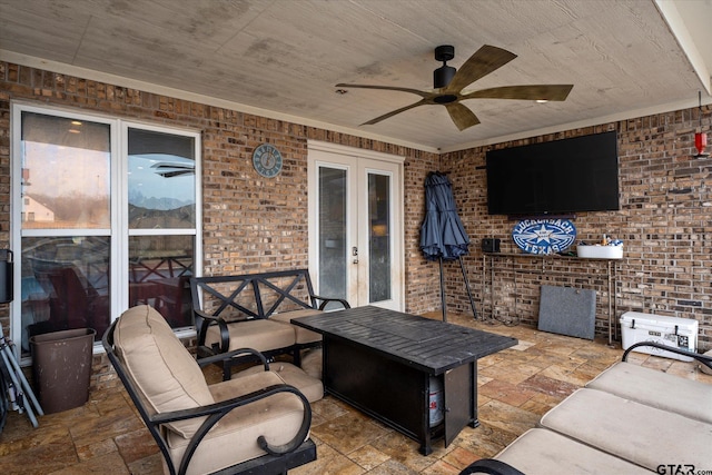 view of patio featuring an outdoor hangout area, ceiling fan, and french doors