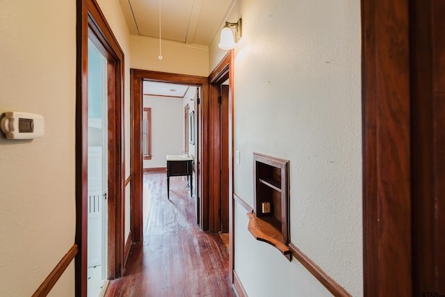 corridor featuring dark wood finished floors and attic access