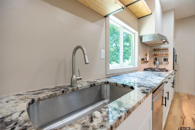 15683 Crk 472, Tyler, TX 75706 - kitchen with stainless steel appliances, light wood finished floors, white cabinetry, and wall chimney range hood