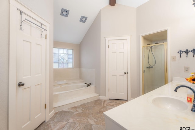 bathroom featuring high vaulted ceiling, vanity, beam ceiling, and plus walk in shower