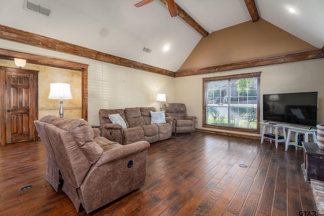 living room with lofted ceiling with beams, dark hardwood / wood-style flooring, and ceiling fan