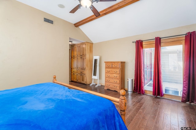 unfurnished bedroom featuring dark wood-type flooring, ceiling fan, and vaulted ceiling with beams