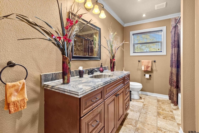 full bathroom featuring vanity, shower / bath combo, toilet, and crown molding