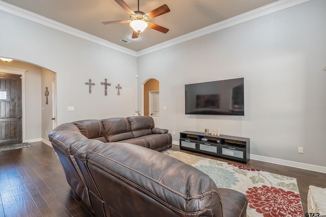 living room with ceiling fan, dark wood-type flooring, and crown molding