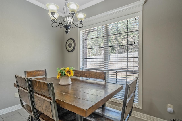 tiled dining area with ornamental molding and a notable chandelier