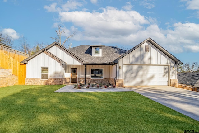 modern inspired farmhouse featuring a garage, fence, concrete driveway, a shingled roof, and a front lawn