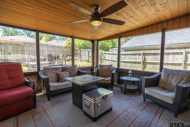 sunroom featuring ceiling fan, wood ceiling, and plenty of natural light