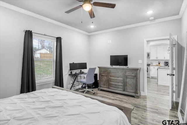 2609 Tulsa St, Tyler, TX 75702 - bedroom with light wood-style flooring, ornamental molding, recessed lighting, and a ceiling fan