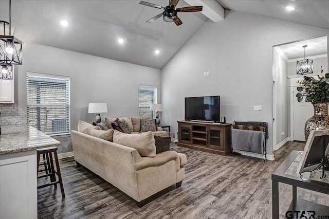 2609 Tulsa St, Tyler, TX 75702 - living area featuring dark wood finished floors, ceiling fan, high vaulted ceiling, beam ceiling, and recessed lighting
