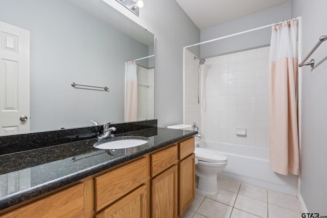 full bathroom with vanity, tile patterned floors, shower / bath combination with curtain, and toilet