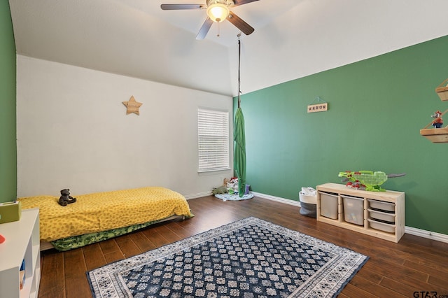 bedroom with wood-type flooring, baseboards, and lofted ceiling