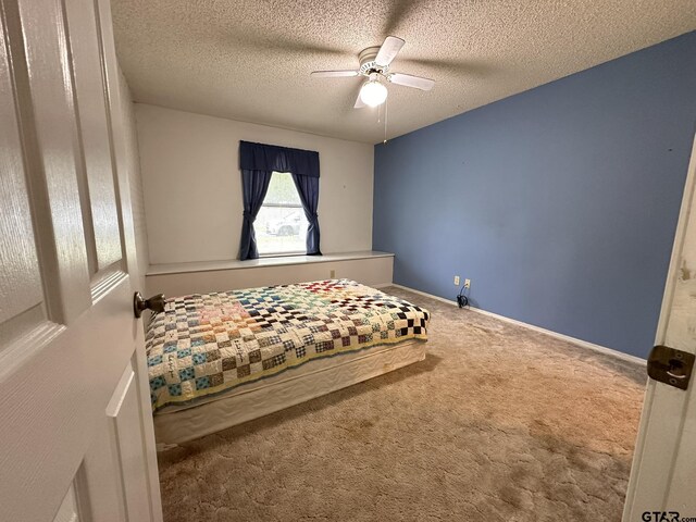 2203 S Williams Ave, Mount Pleasant, TX 75455 - bedroom with a ceiling fan, carpet, and a textured ceiling