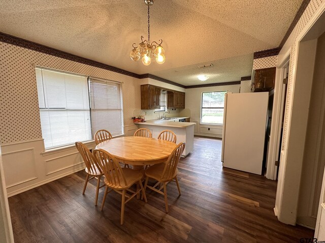 2203 S Williams Ave, Mount Pleasant, TX 75455 - dining room featuring a textured ceiling, wallpapered walls, wainscoting, an inviting chandelier, and dark wood-style flooring