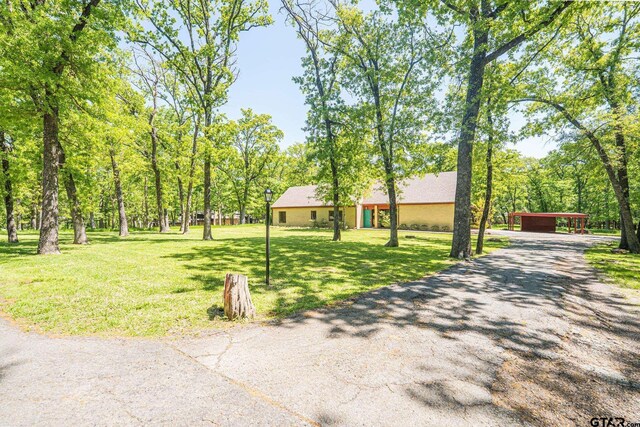 view of front of property featuring a front yard, a detached carport, and driveway