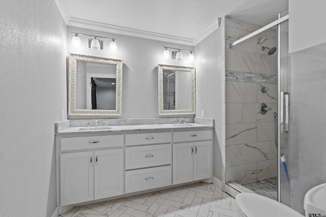 bathroom with crown molding, a shower with door, vanity, and toilet