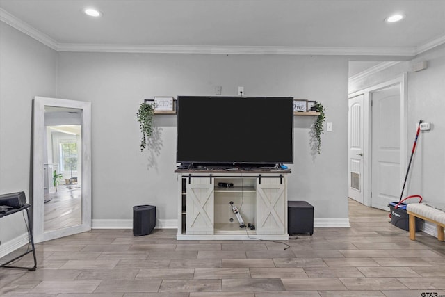 unfurnished living room with light wood-type flooring and crown molding