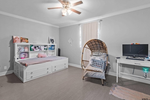 bedroom featuring ceiling fan and crown molding