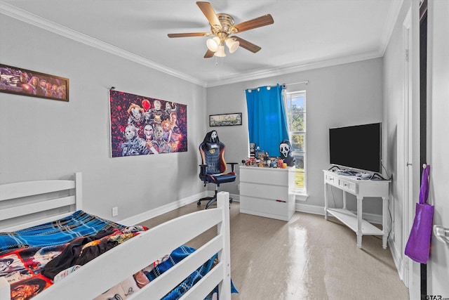 bedroom with ceiling fan and ornamental molding