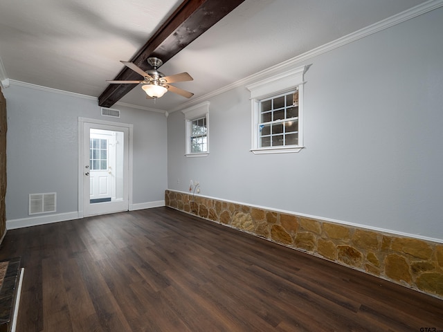 unfurnished room with ceiling fan, dark hardwood / wood-style flooring, beamed ceiling, and ornamental molding