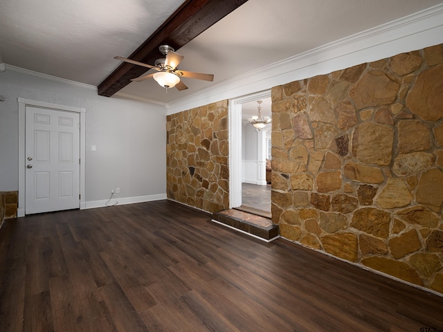 unfurnished room with beam ceiling, ceiling fan with notable chandelier, dark hardwood / wood-style floors, and ornamental molding