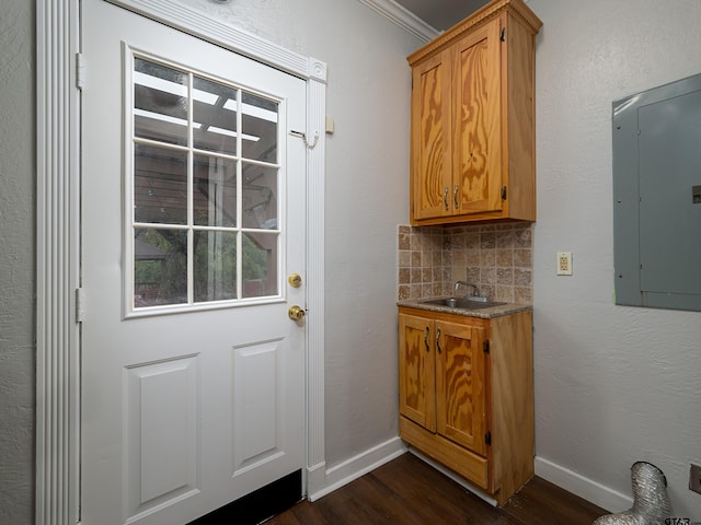 entryway featuring dark hardwood / wood-style flooring, electric panel, ornamental molding, and sink