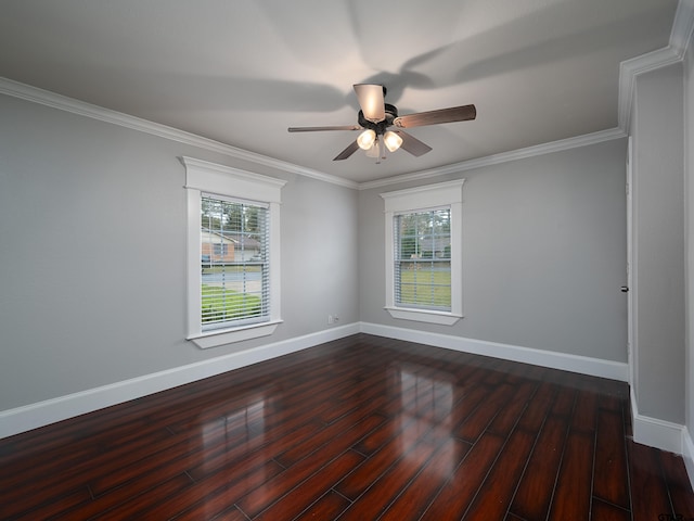 spare room featuring plenty of natural light, dark hardwood / wood-style flooring, and crown molding