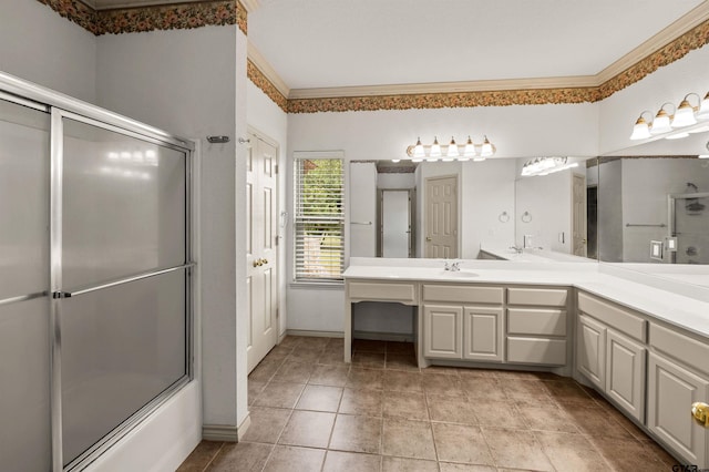 1745 County Road 1570, Alba, TX 75410 - full bath featuring vanity, crown molding, shower / bath combination with glass door, tile patterned flooring, and baseboards